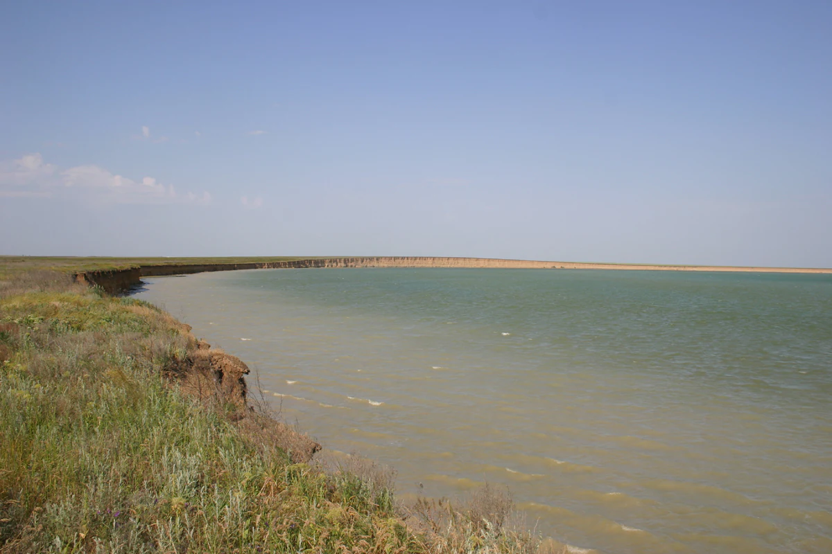 Grassy shoreline with sparse vegetation, calm shallow water extending to the horizon under clear blue sky
