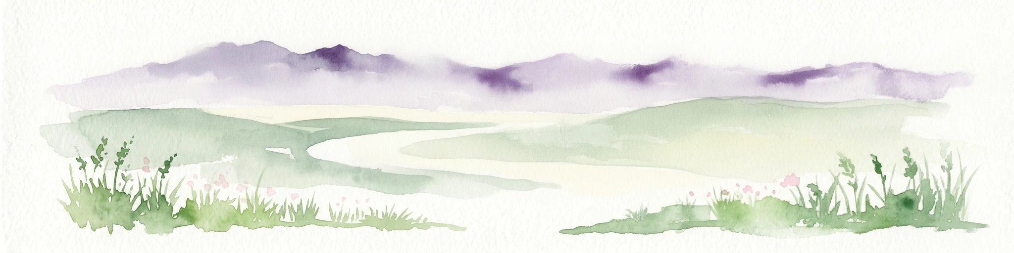 Ilustración en acuarela que muestra una zona de humedal con vegetación verde, un curso de agua sinuoso y montañas de tonos púrpuras al fondo