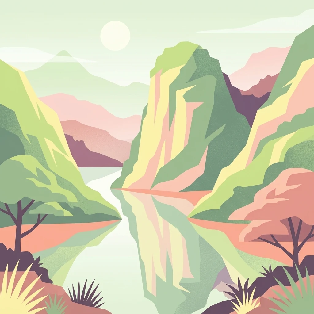 Stylized illustration of a lake surrounded by green and pinkish mountains, with trees and vegetation in foreground