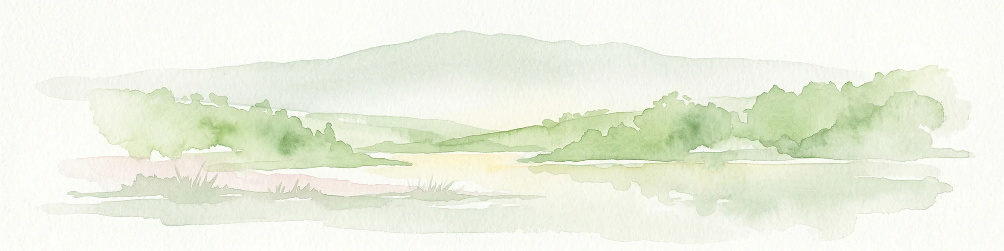 Pintura de acuarela que representa un lago con colinas verdes y vegetación