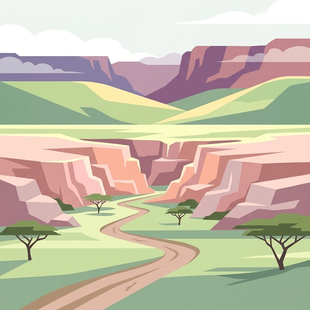 A flat-style digital illustration depicting a winding road leading through a savanna valley surrounded by canyon-like cliffs and acacia trees.