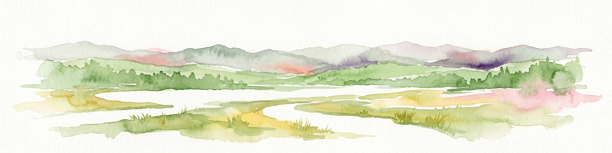 A soft, artistic watercolor painting showing rolling green hills in the background with a winding path and fields in the foreground, set against a white background.