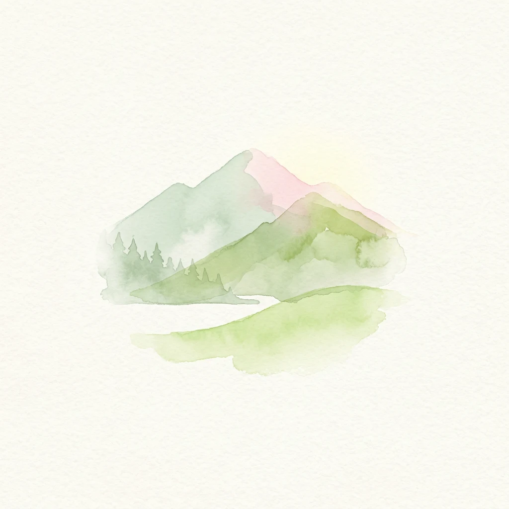 Watercolor illustration of a mountain range with green and pink tones, featuring forested slopes and a light background.