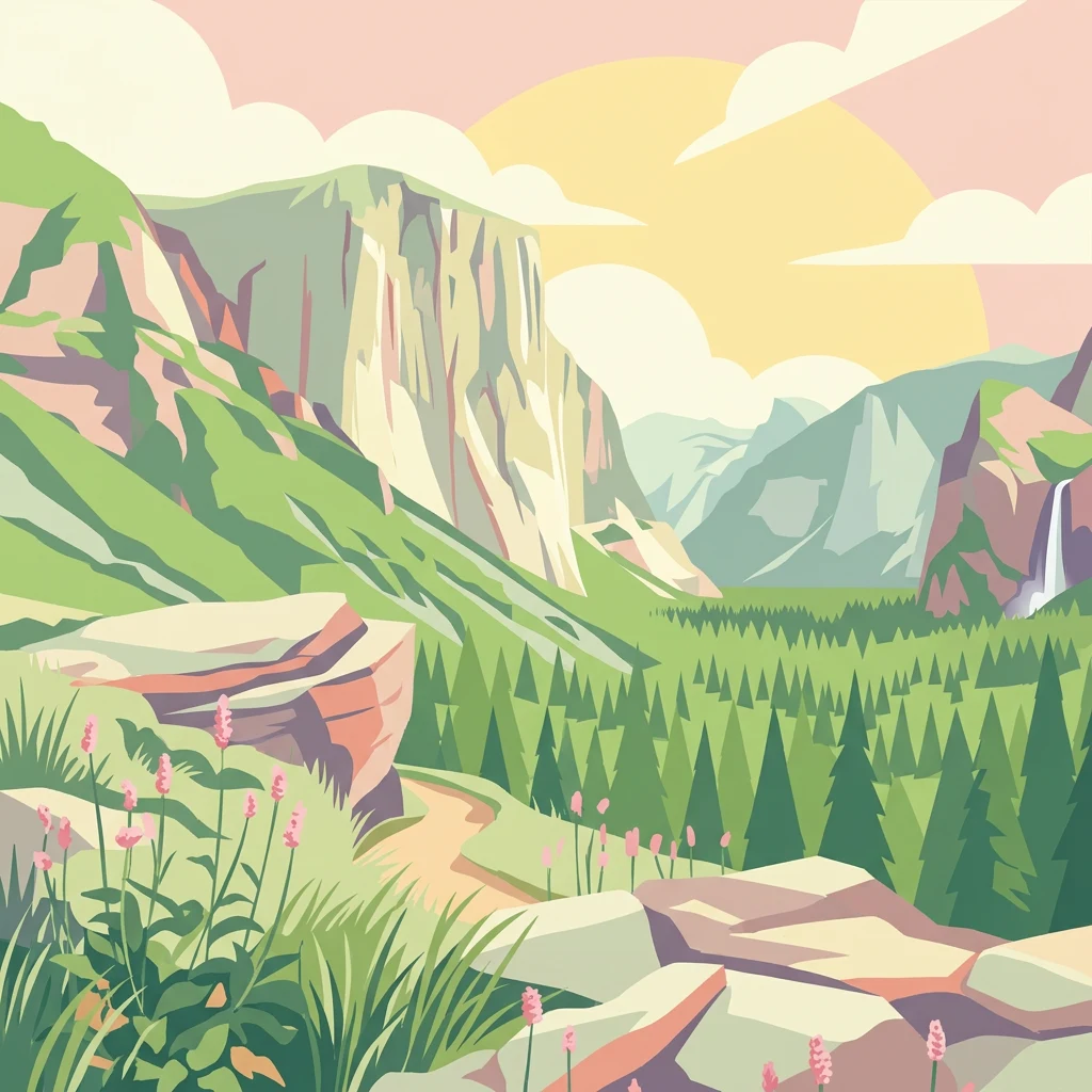 Ilustración de un paisaje de montaña con acantilados, valles verdes, un río y una cascada