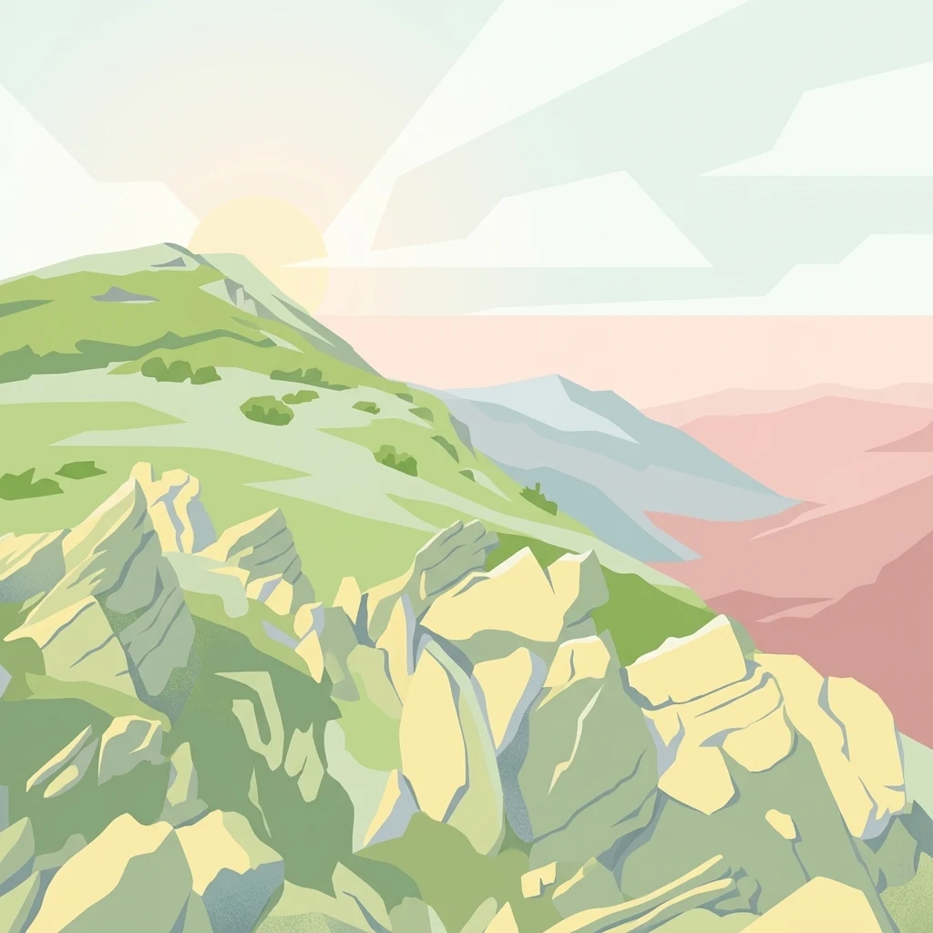 Una ilustración digital estilizada de una ladera rocosa con parches de hierba al amanecer, con formaciones rocosas escarpadas en primer plano y montañas lejanas brumosas bajo un cielo pálido.