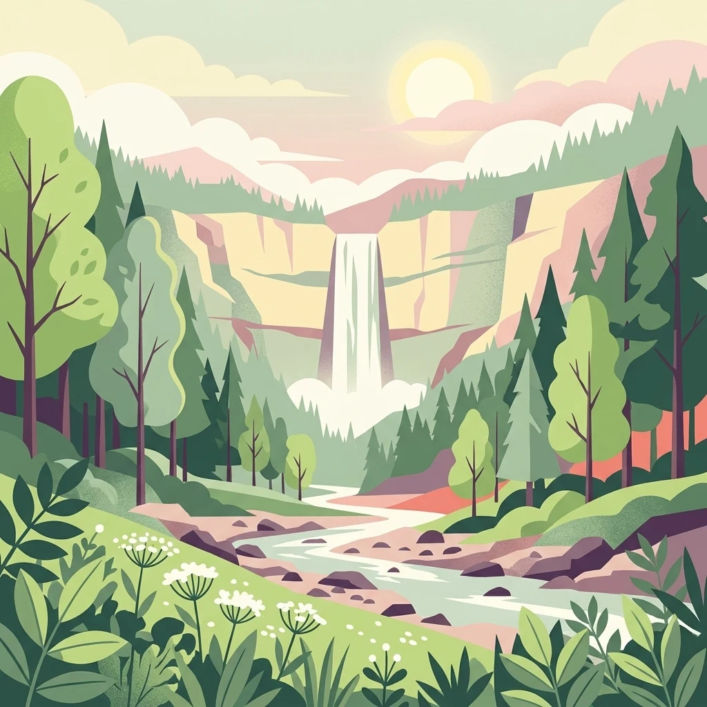 Una ilustración vectorial estilizada de una cascada que fluye entre acantilados rocosos en capas, rodeada de un bosque de coníferas, un río serpenteante y flores silvestres en primer plano bajo un sol pálido.
