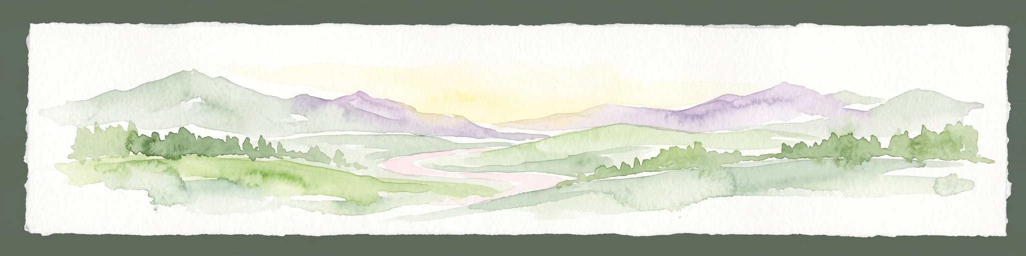 A horizontal watercolor painting showing a stylized landscape with rolling green hills, a forest of trees, and distant purple-hued mountains under a soft light.
