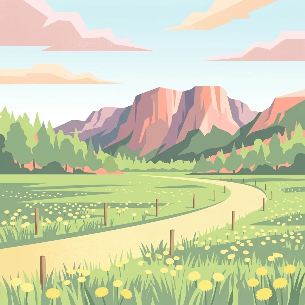 Una ilustración vectorial plana de una pradera herbosa con dientes de león amarillos, un sendero de tierra sinuoso bordeado de postes de cerca, un bosque en el plano medio y grandes montañas al fondo bajo un cielo con nubes rosadas.