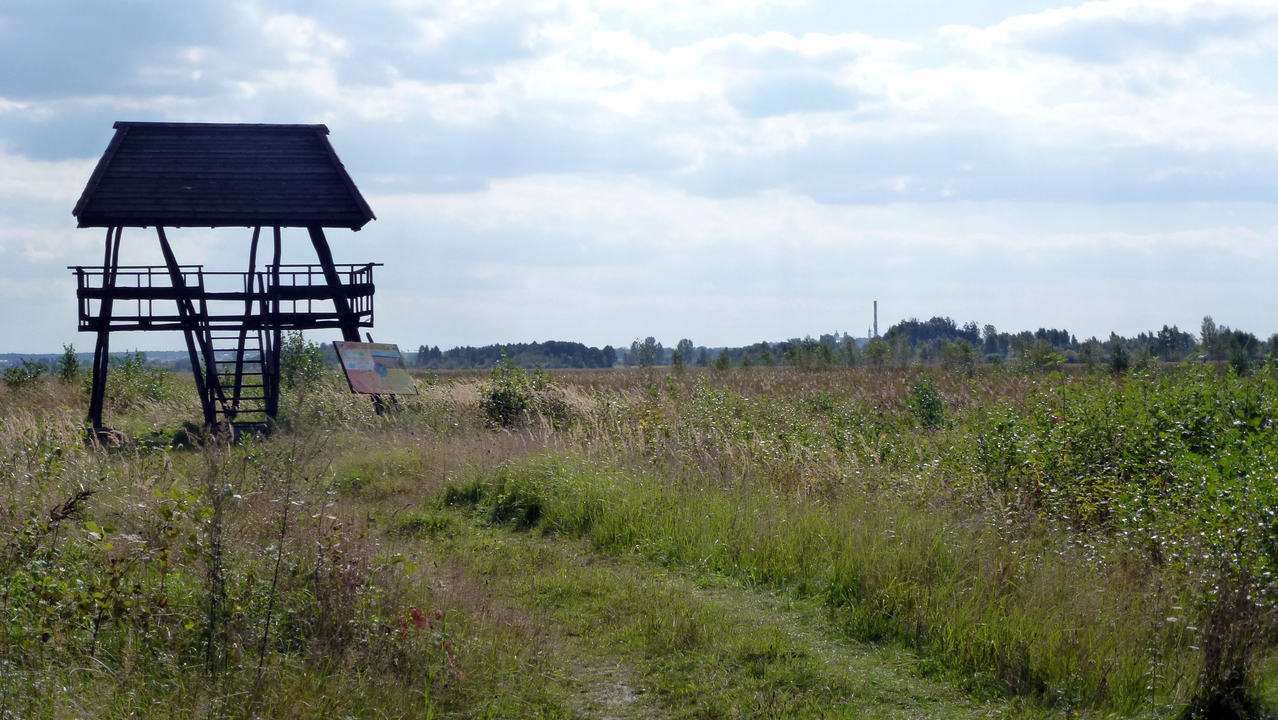 A rustic, wooden bird-watching observation tower stands on the left in a vast, open peatland field under a cloudy sky.