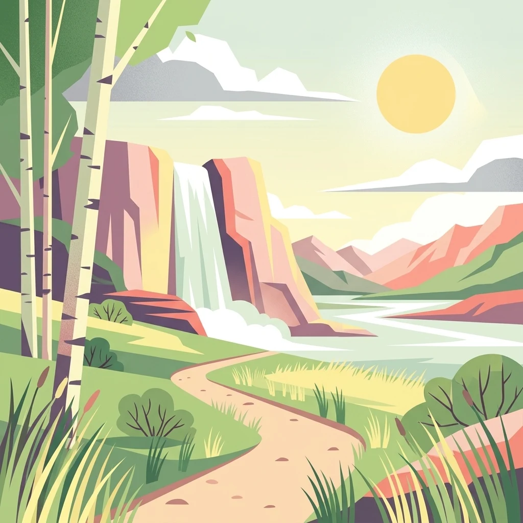 A stylized vector illustration of a scenic outdoor landscape showing a dirt path leading past birch trees toward a waterfall and distant mountains under a warm sun.