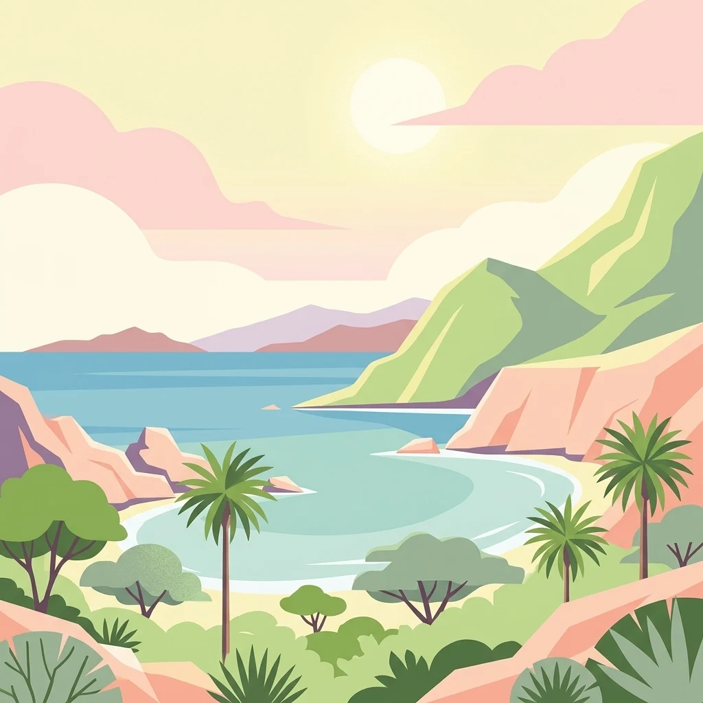A flat, colorful vector illustration showing a coastal bay with palm trees, scrub vegetation, rocky hills, and a calm sea under a soft sky.