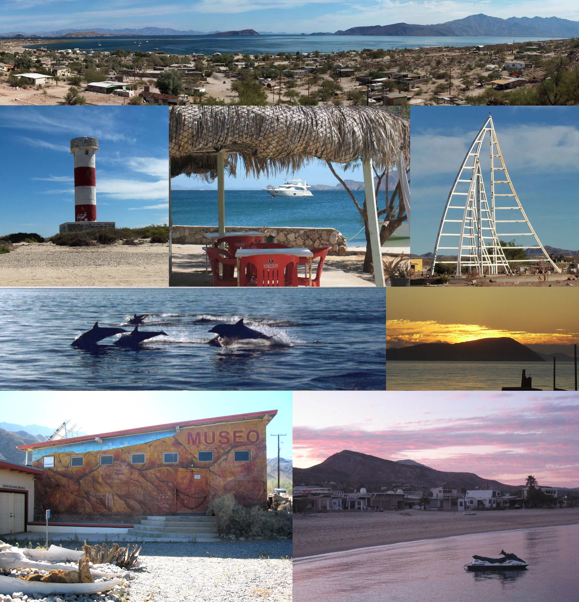 Un collage de imágenes en varios paneles que muestra diversas escenas de Bahía de los Ángeles, incluyendo una vista del pueblo y la bahía, un faro, una estructura costera con un barco a lo lejos, un gran monumento en forma de vela, delfines nadando, una puesta de sol sobre el agua, el museo de naturaleza local y una playa al anochecer con una moto acuática.