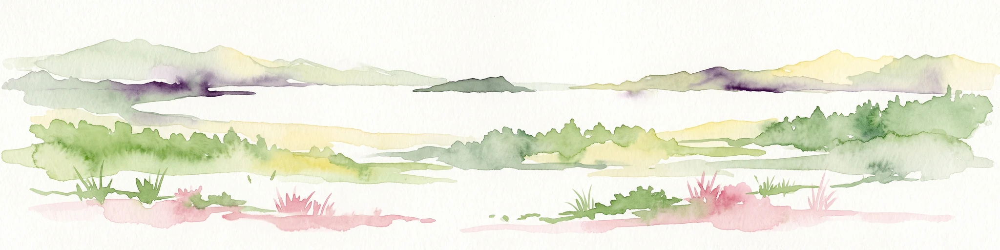 A watercolor painting showing a coastal landscape with pale pink foreground, green vegetation, a light-colored bay, and soft-hued mountains in the background.