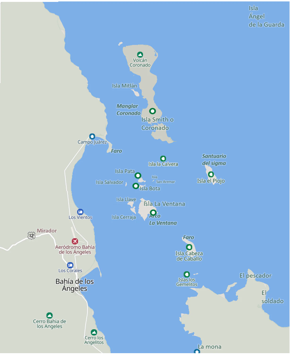Mapa estilizado que muestra la costa de Bahía de los Ángeles y varias islas del golfo de California, con etiquetas para diversas islas, puntos geográficos y un aeródromo.