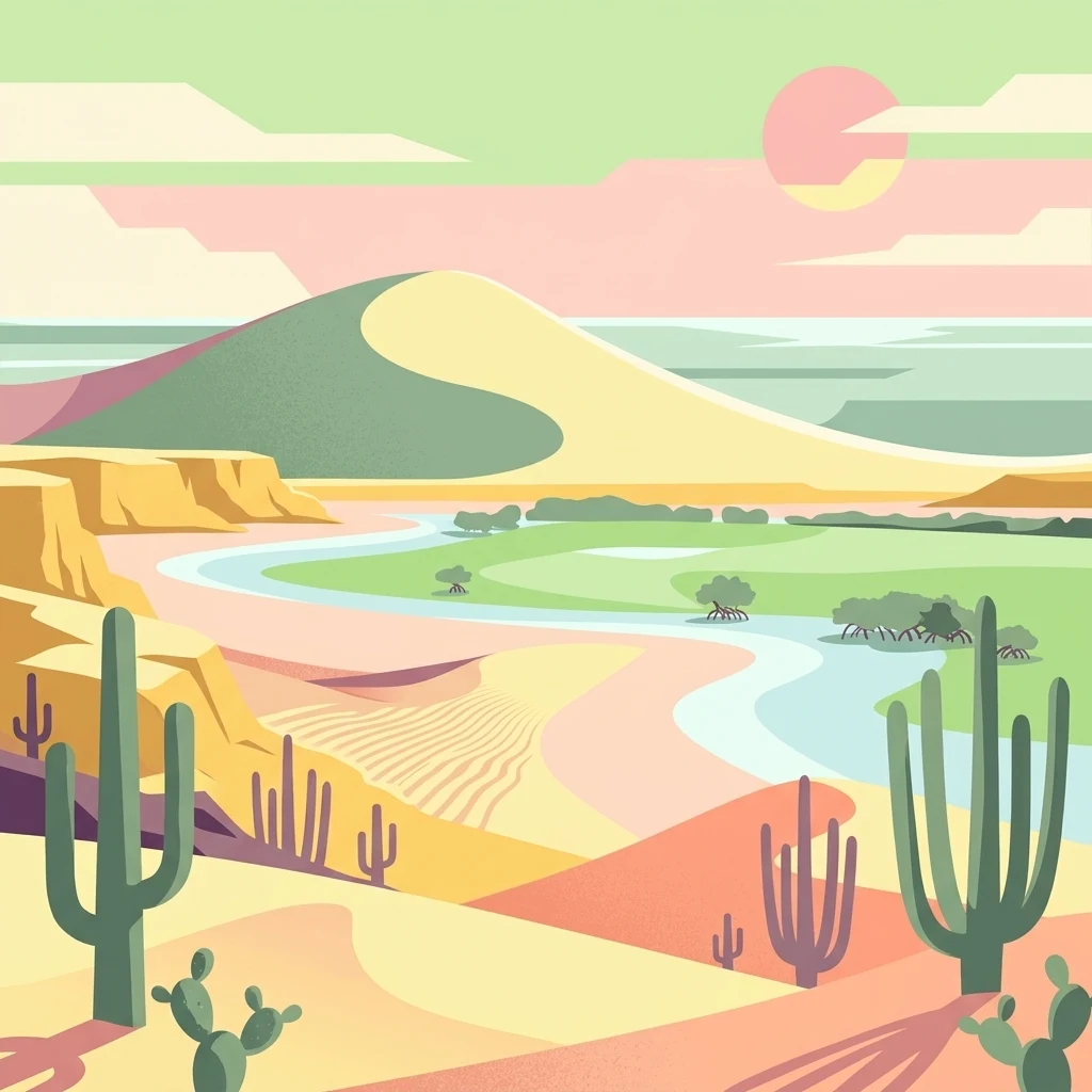 Stylized illustration of desert landscape featuring sand dunes, cacti, and a winding river under a pink sky with a large sun