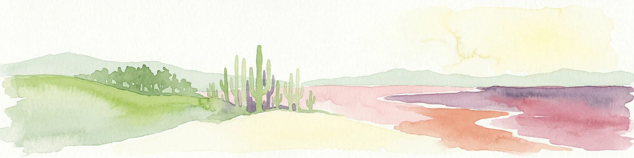 Pintura en acuarela de una playa con cactus, orilla arenosa y aguas costeras