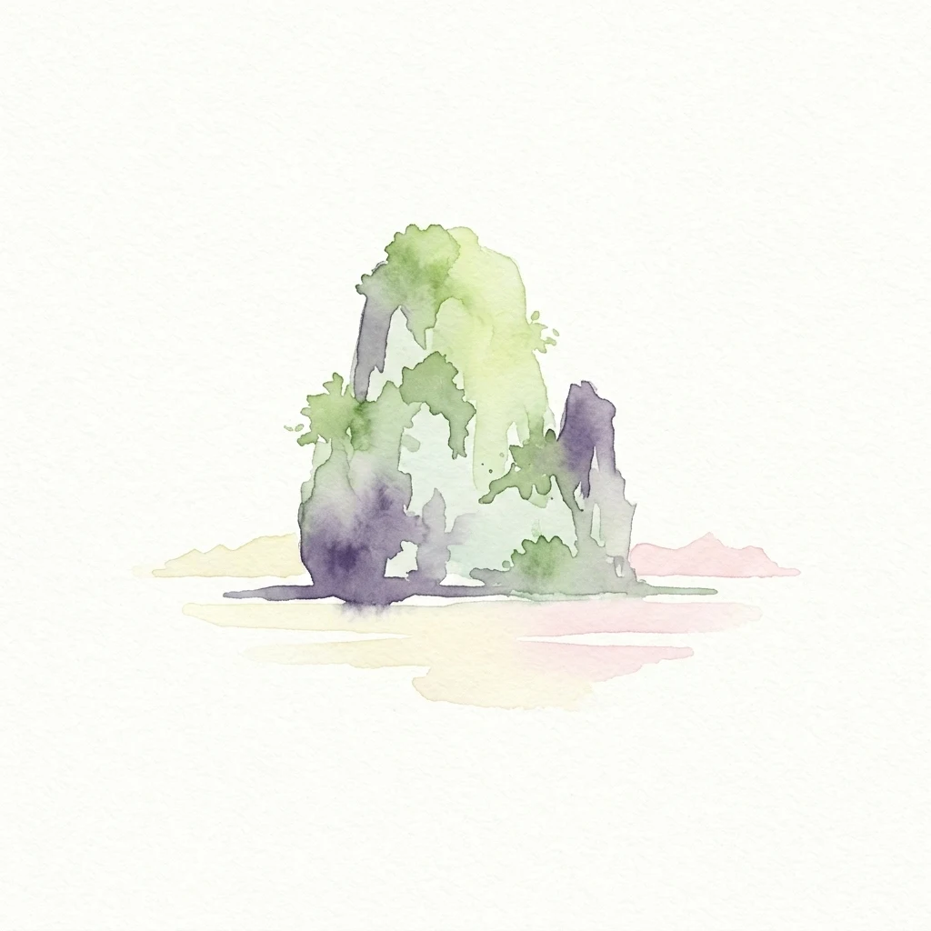 Watercolor painting of a rocky island with green vegetation and purple tones