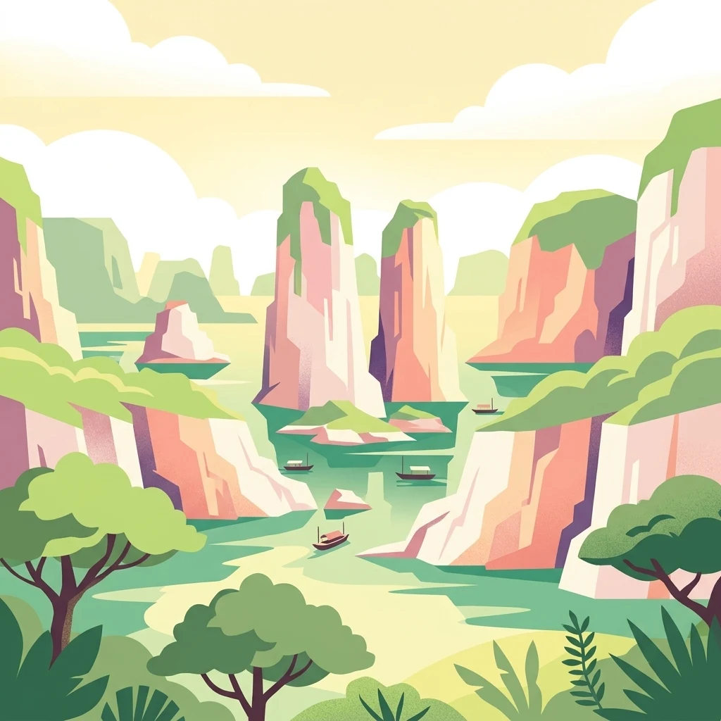 Illustration of rocky cliffs, turquoise water, boats, and lush green trees in a coastal bay
