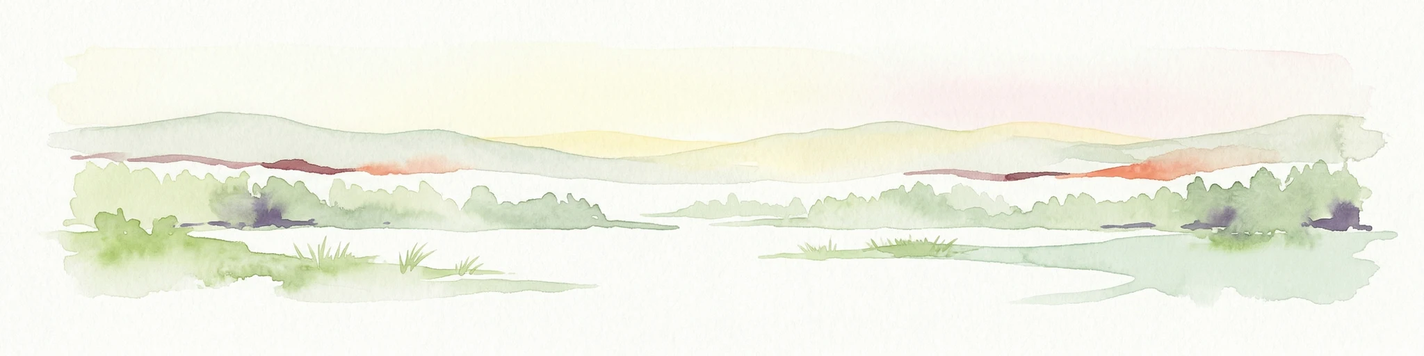 Watercolor painting showing a coastal landscape with distant islands, green vegetation, and a horizon line