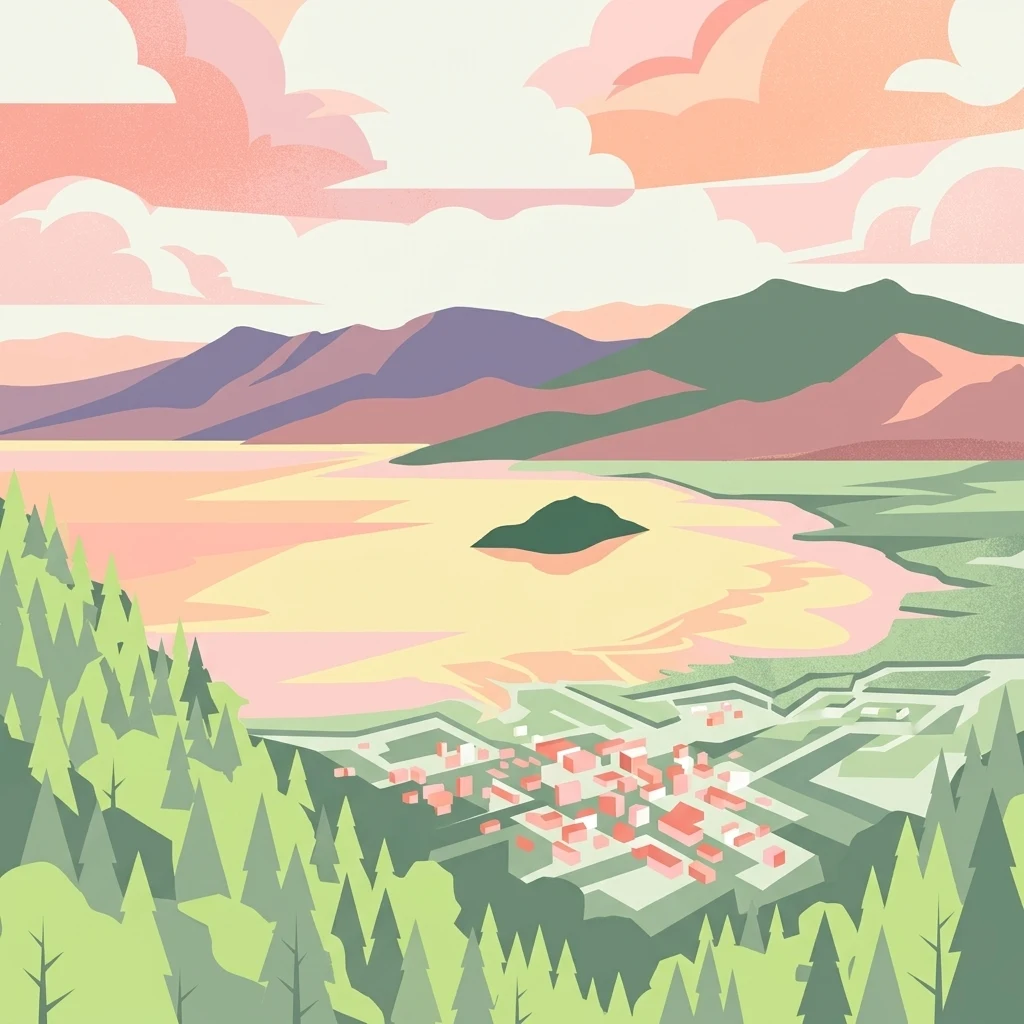 An illustrative graphic showing a bay with mountains in the background, a small island in the center, and a small town nestled near the coast, all under a pastel sunset sky.