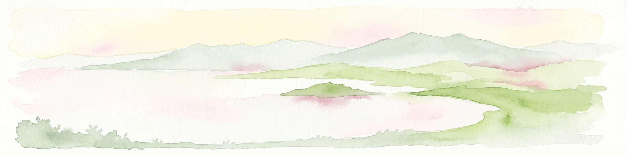 A soft watercolor painting of a calm bay with a small island in the center, surrounded by gentle hills and green coastal land.