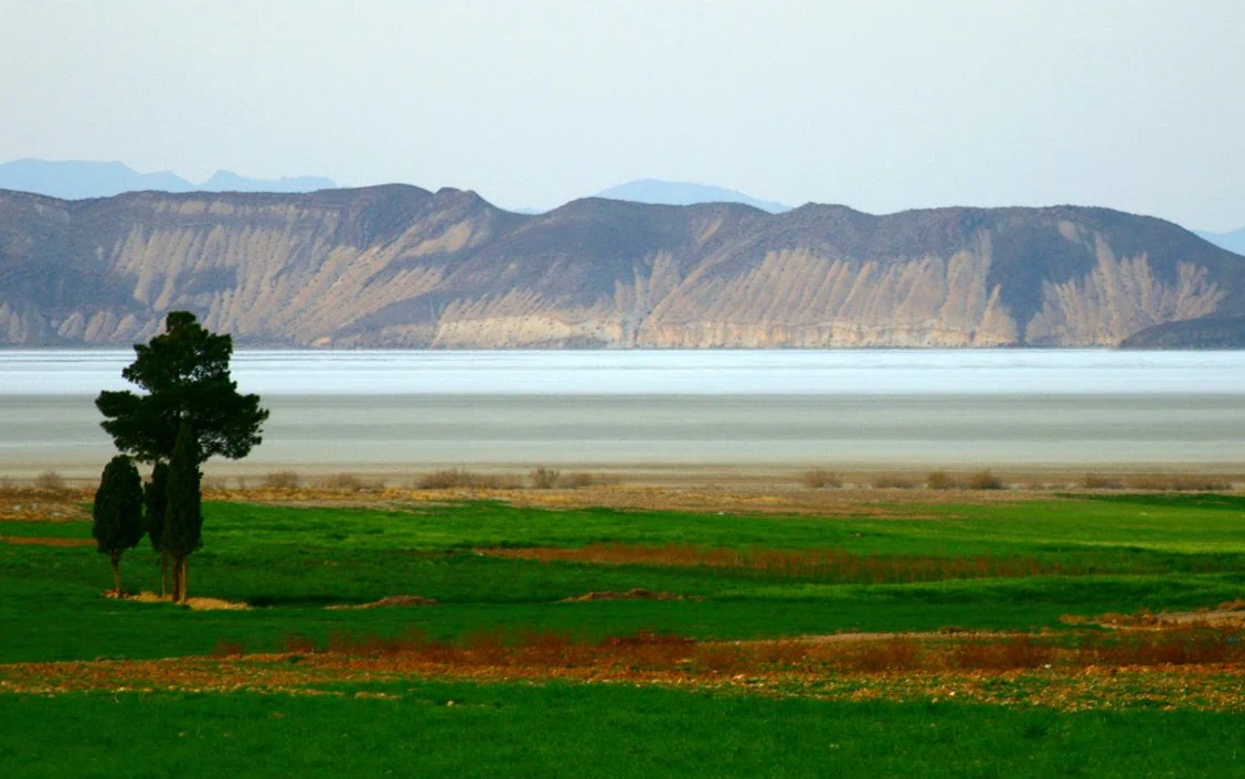 Landscape view of a large lake with green agricultural fields in the foreground and distant mountains under a clear sky