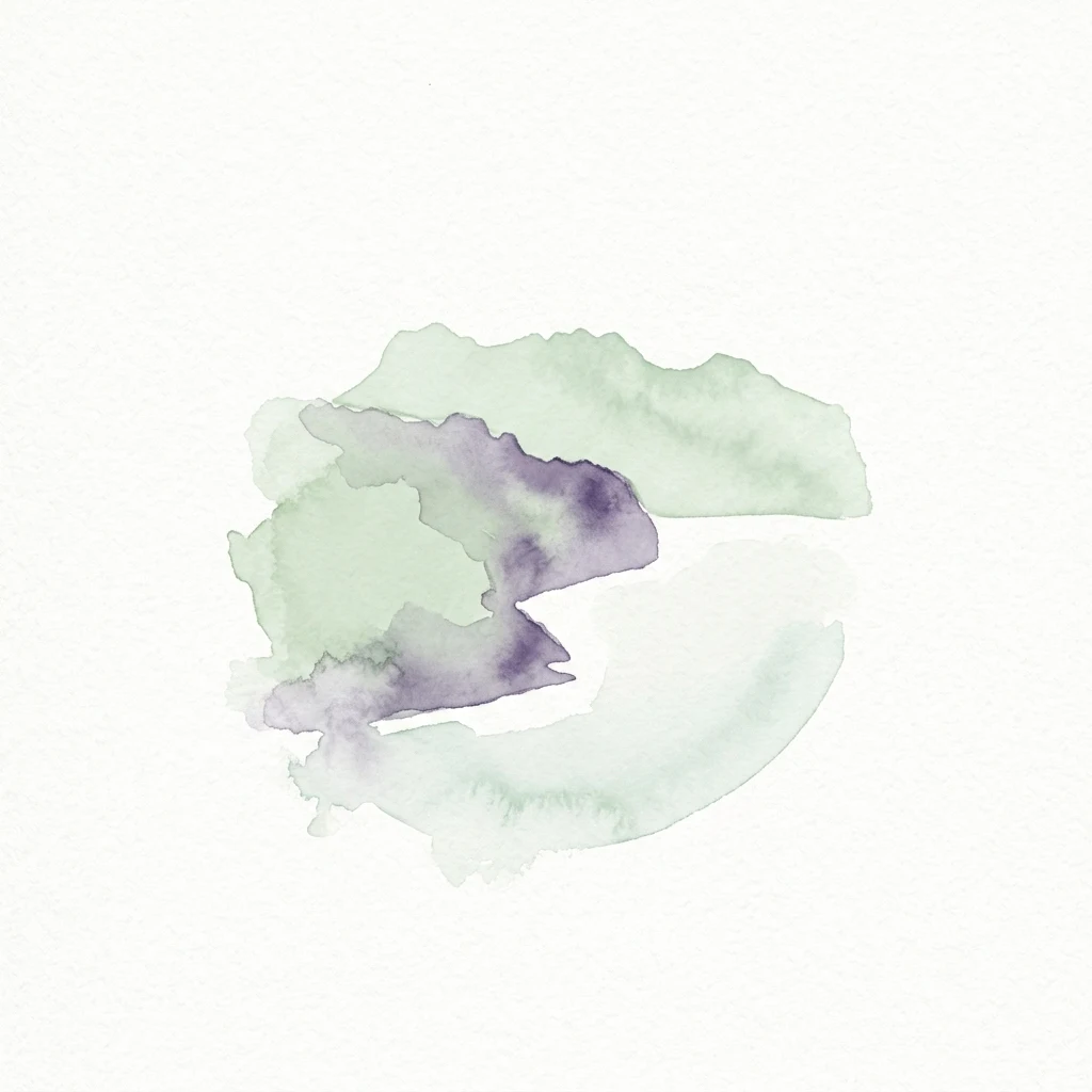 Abstract watercolor painting with green and purple brush strokes on white background