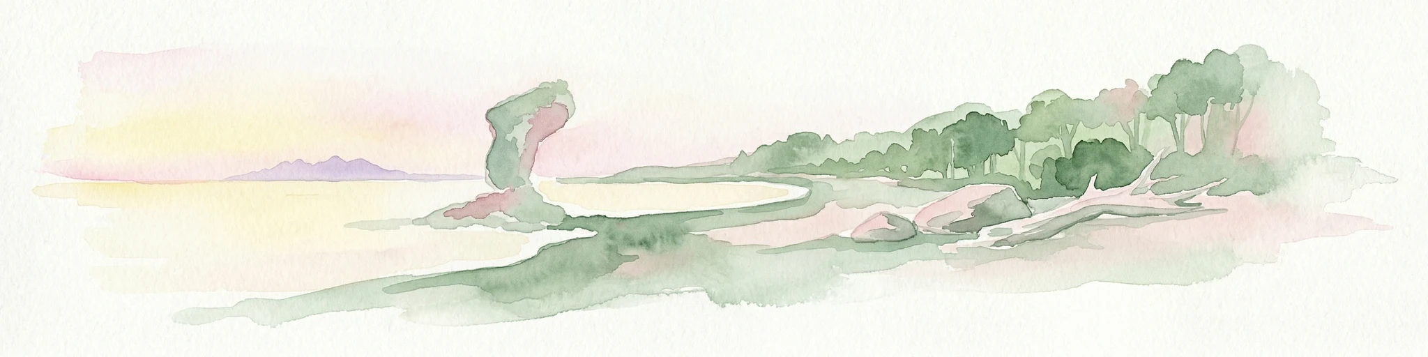 Ilustración acuarela de un paisaje costero con una formación rocosa distintiva, vegetación verde y agua tranquila bajo un cielo suave con montañas distantes