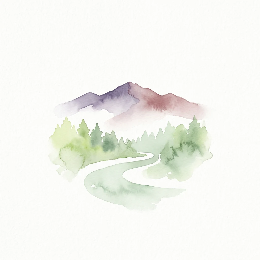 Watercolor painting showing mountains, green forest, and a winding river