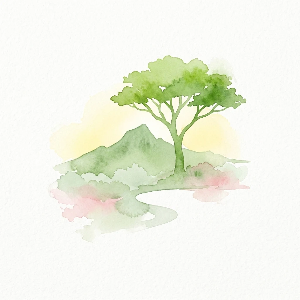 Pintura de acuarela de un árbol con una montaña al fondo, utilizando tonos suaves de verde y rosa.