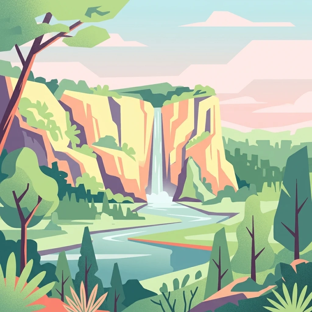 Digital illustration showing a waterfall cascading from cliffs into a river surrounded by forest