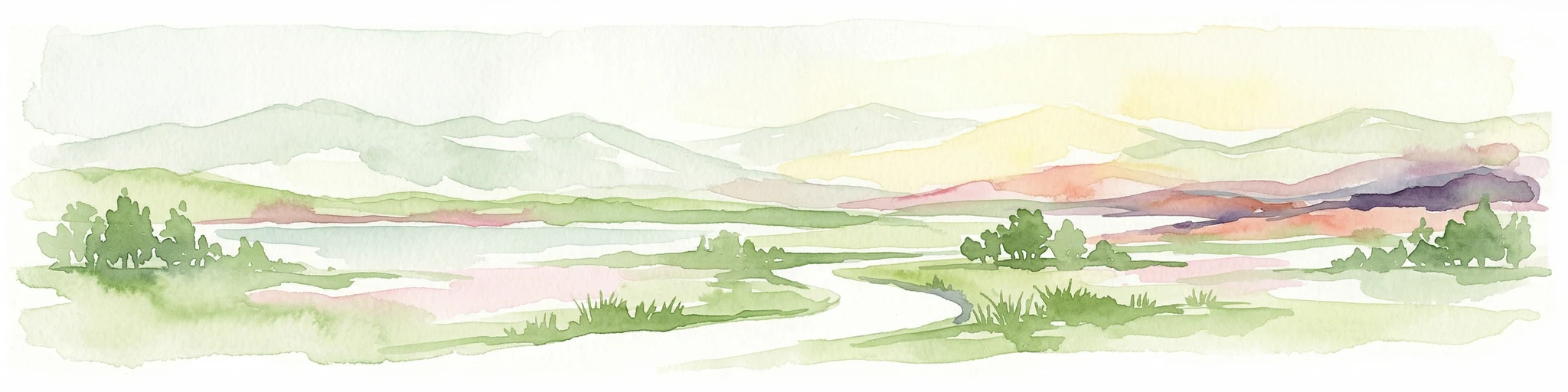 Watercolor illustration showing mountains, a winding river, and green vegetation