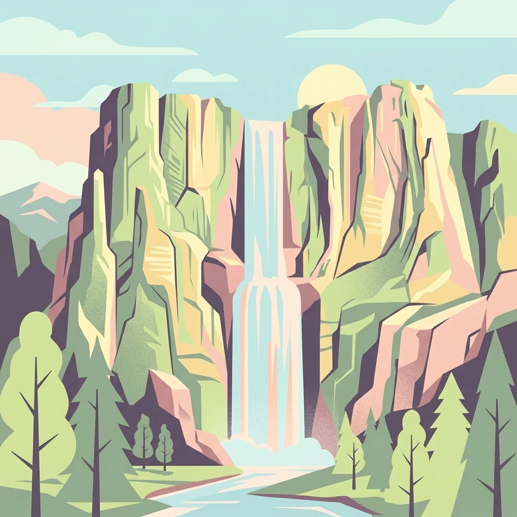 A stylized, flat-design illustration of a waterfall falling between two steep, colorful cliffs surrounded by coniferous trees.