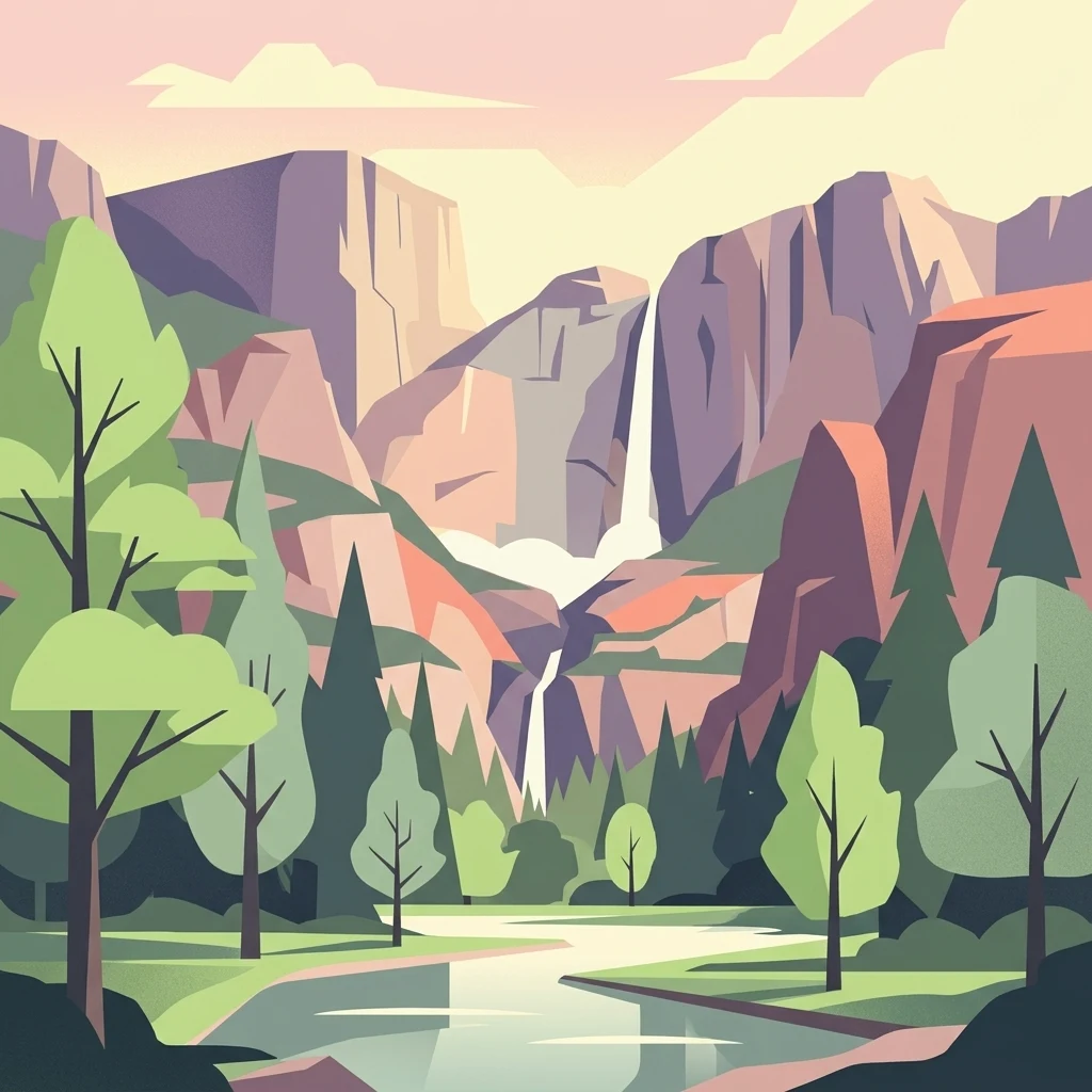 Una ilustración digital de estilo plano que representa un valle flanqueado por montañas rocosas y escarpadas, con dos cascadas, un río que fluye en primer plano y árboles de pino y caducifolios.