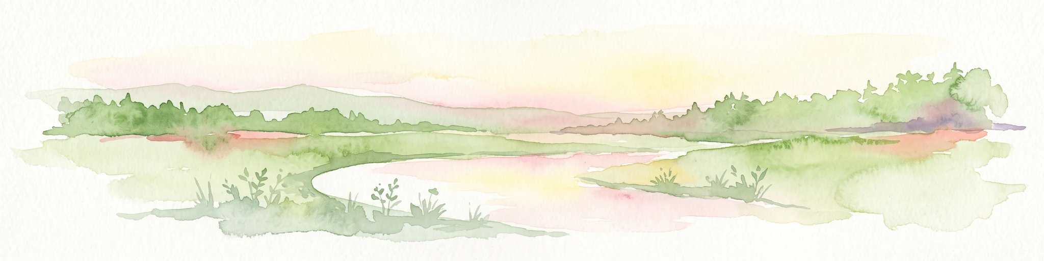 A horizontal watercolor painting showing a calm body of water in the foreground with gentle rolling hills and light vegetation in the background under a soft golden sky.