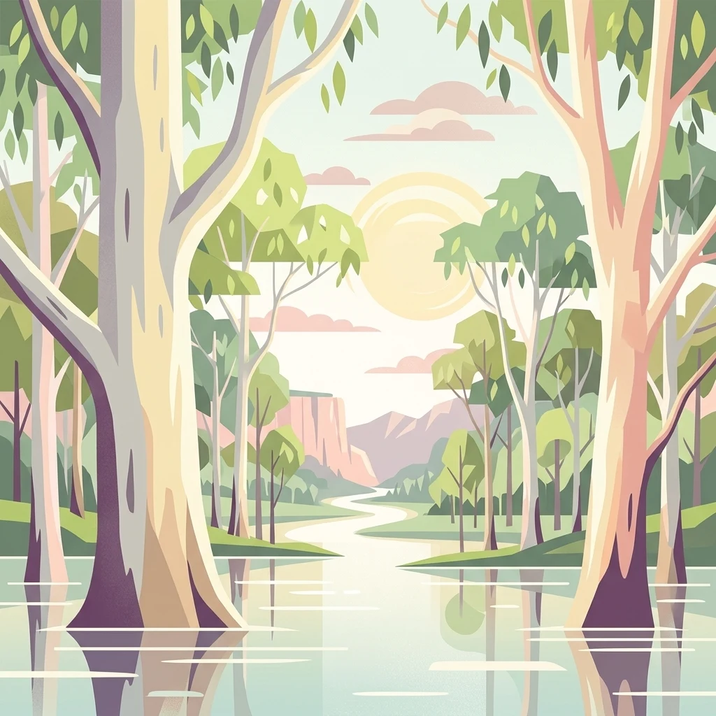 Ilustración que muestra un río que fluye a través de un bosque con árboles altos y reflejos en el agua, colinas al fondo