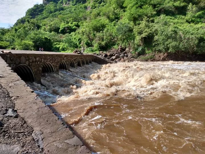 A wide, fast-flowing river with muddy brown water rushes through the arches of a stone bridge, with a steep, densely vegetated canyon slope in the background.
