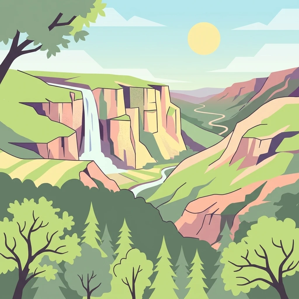 A stylized flat vector illustration of a deep river canyon with steep cliffs, a waterfall flowing down one side, and a winding river at the bottom, surrounded by forest and under a sunny sky.