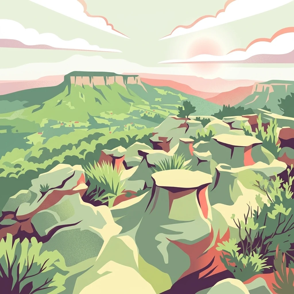A colorful vector illustration showing green and red rocky formations in the foreground, with a large flat-topped mesa in the background under a pale pink sky.