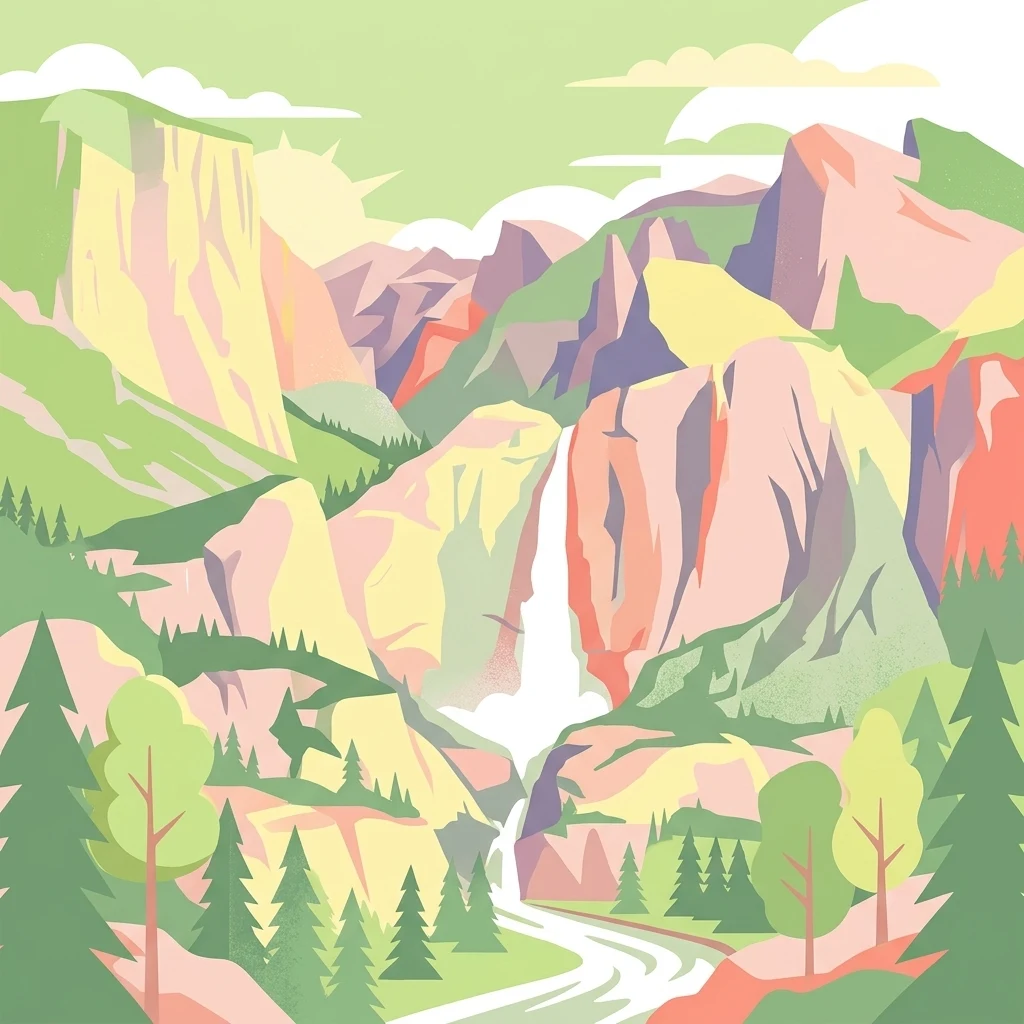 Una ilustración digital artística de un colorido cañón montañoso con una cascada que se precipita, rodeado de pinos estilizados y un río en primer plano.