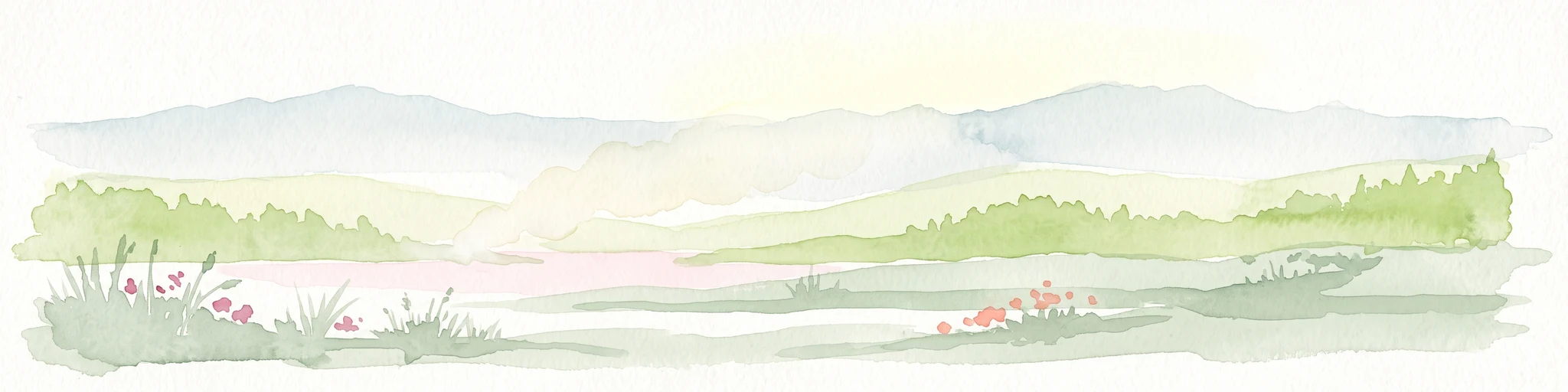 A pale watercolor painting showing rolling green hills and a gentle stream or meadow under a soft, light sky.