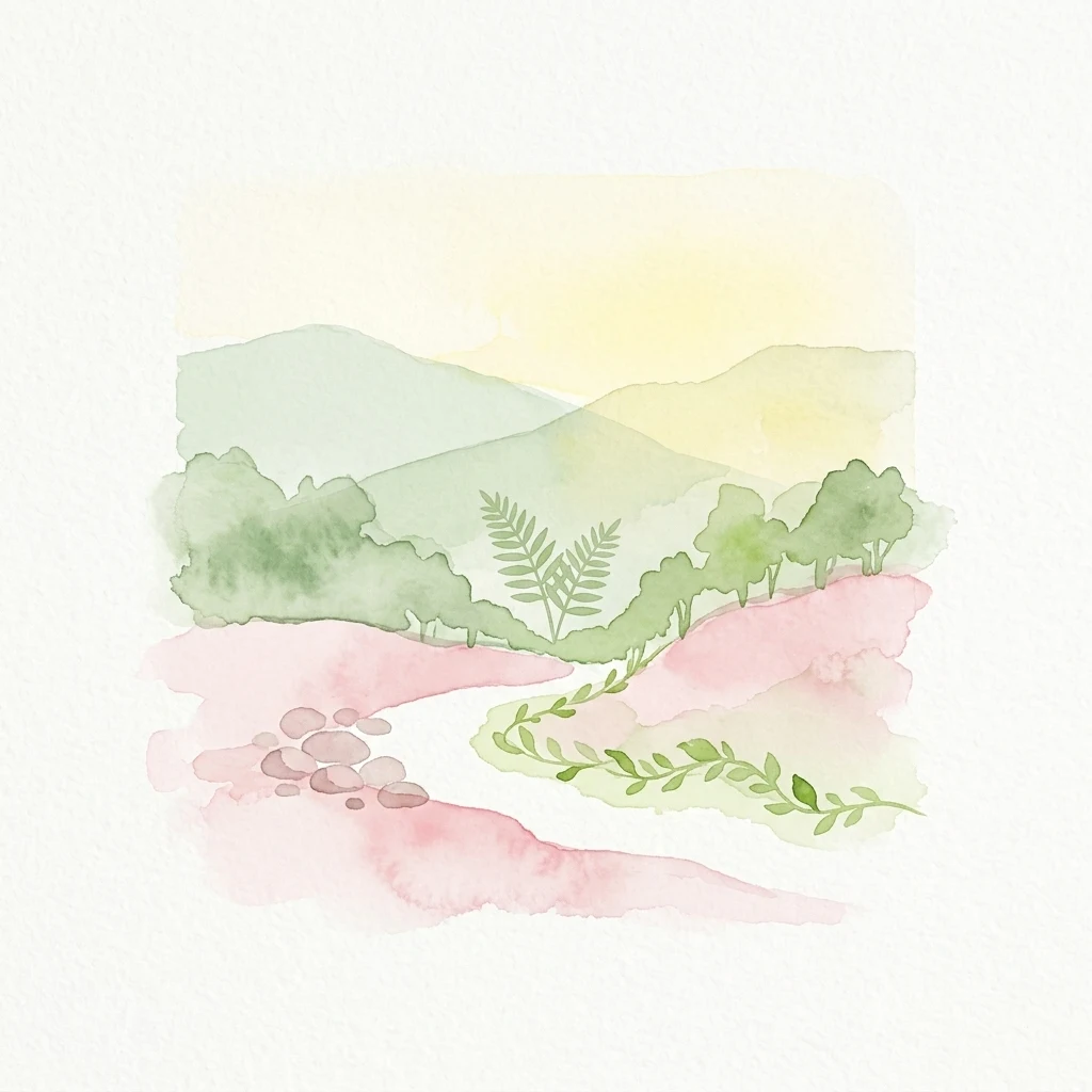 Ilustración en acuarela que muestra colinas onduladas, árboles y un sendero sinuoso con rocas