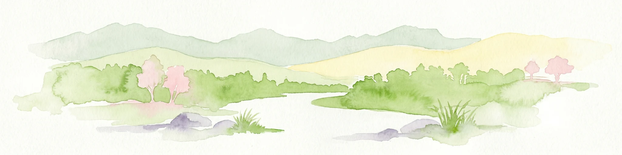 Ilustración en acuarela de un río que fluye a través de colinas con montañas distantes y árboles rosados