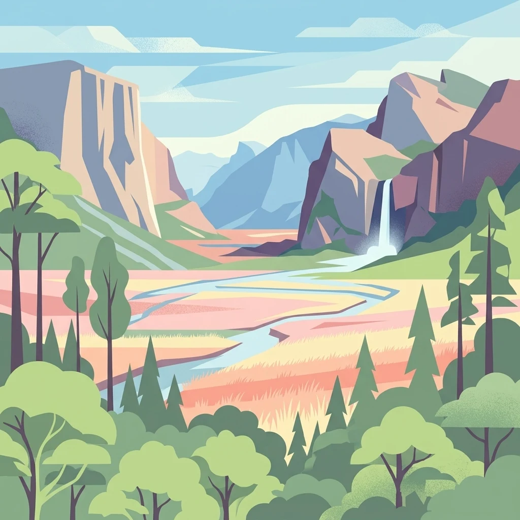 A flat-style digital illustration depicting a vast mountain valley with a waterfall in the distance, a meandering river in the center, and coniferous and deciduous trees in the foreground.