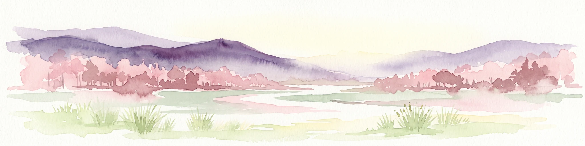 Una pintura horizontal en acuarela que representa un paisaje suave con colinas púrpuras distantes, un arroyo serpenteante y vegetación verde de hierba en primer plano.