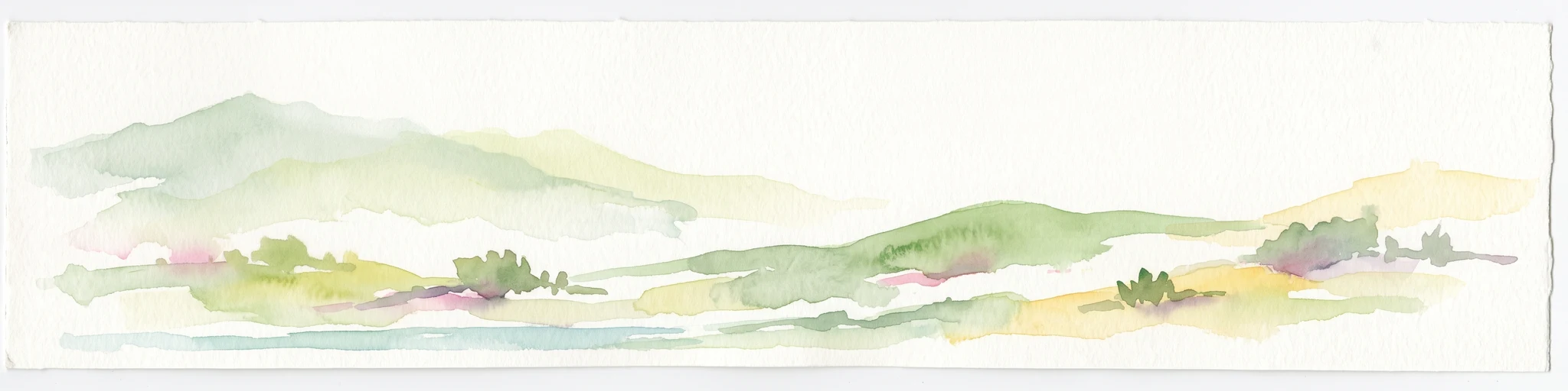 A horizontal watercolor painting showing soft green hills and a light blue water line against a white background.