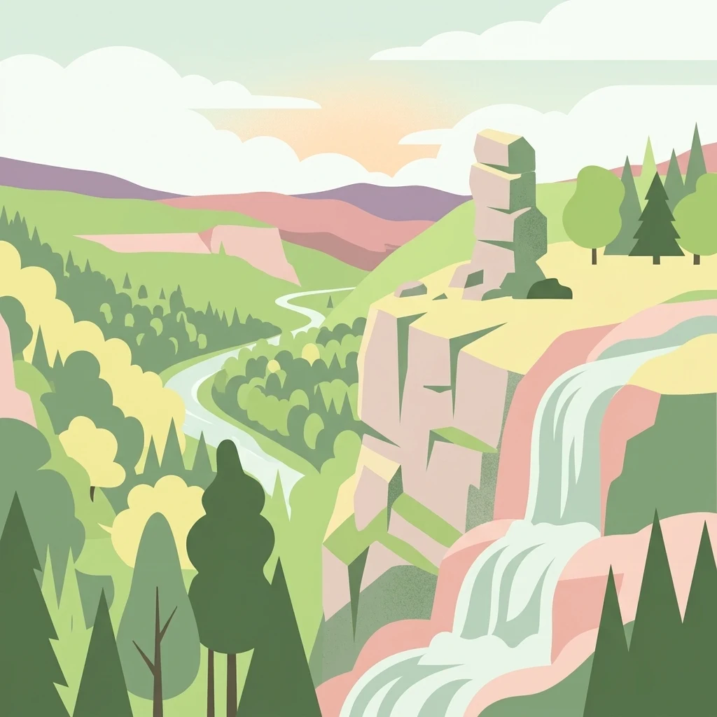 Una ilustración de estilo vectorial estilizado que muestra un valle con un río serpenteante, un afloramiento rocoso prominente, árboles coníferos y una cascada que cae por el acantilado.