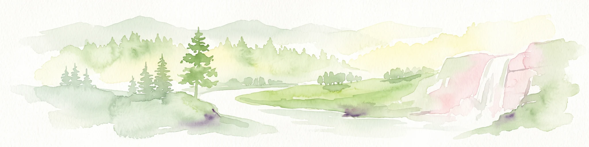 Watercolor painting of a lush green landscape featuring a flowing river, conifer trees, rolling hills, and a small waterfall on the right side.