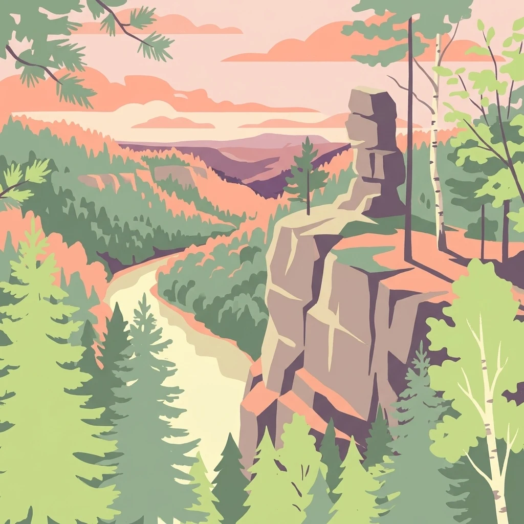 Ilustración de un valle fluvial con acantilados rocosos y colinas boscosas bajo un cielo rosa y naranja.