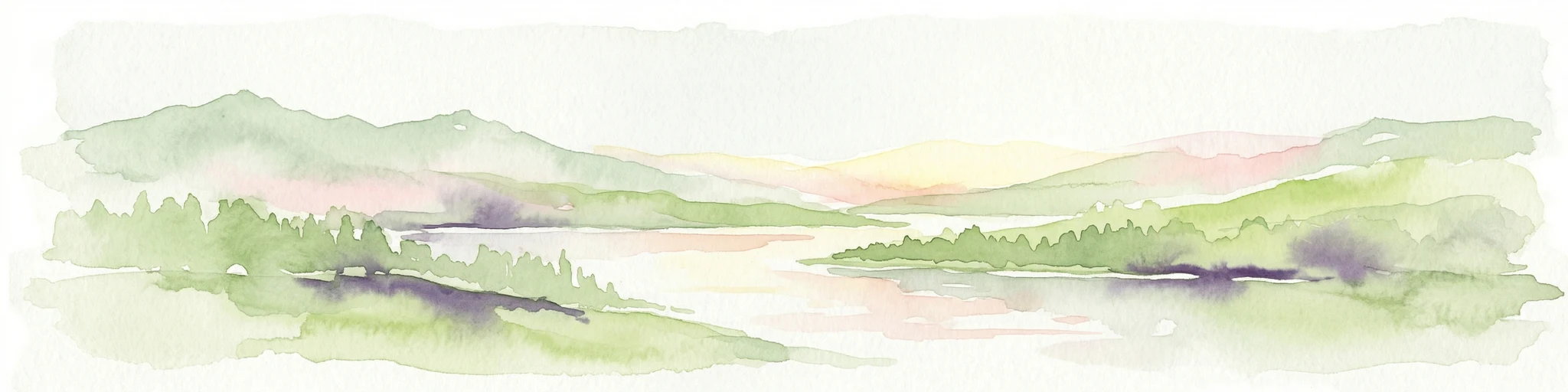 Pintura de acuarela que muestra un paisaje escénico con montañas, un río y árboles